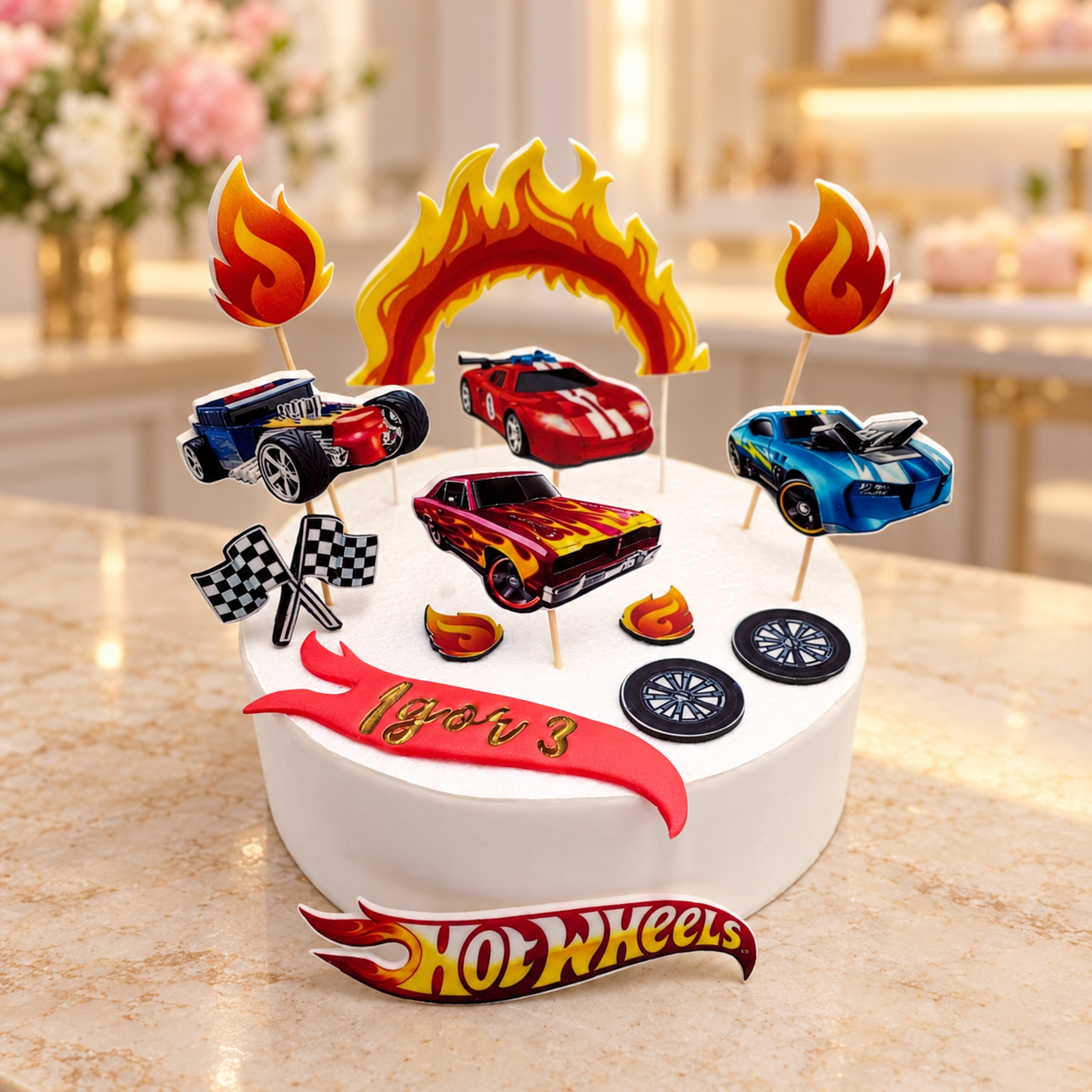 Toppery Hot Wheels na tort z imieniem i wiekiem, zestaw dekoracji cukrowych